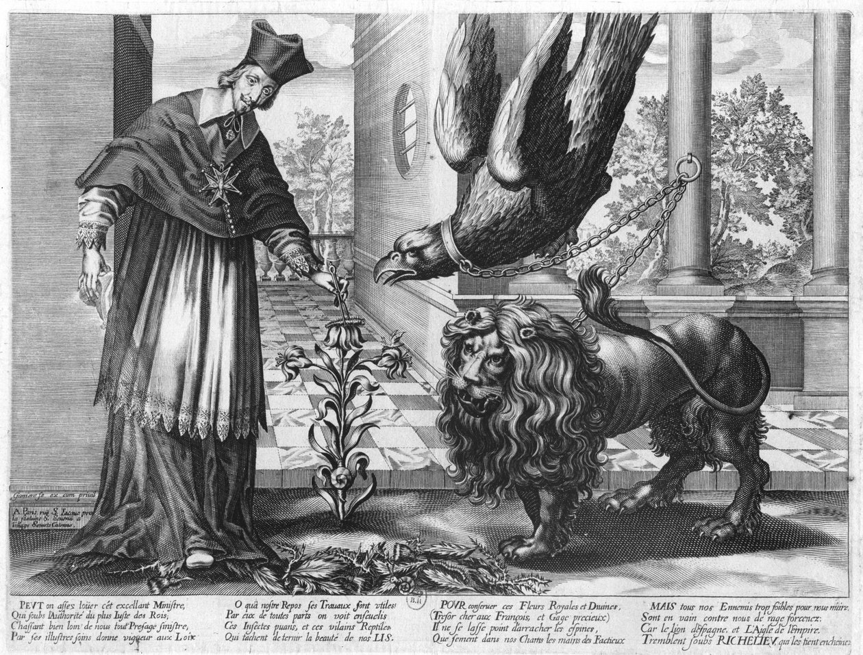 Allegori til lovprisning av kardinal Richelieu (1585-1642) som kjempet mot Østerrike (ørnen) Spania (løven) og fiendene i Frankrike (larvene) 1628 av Jean Ganiere or Gagniere