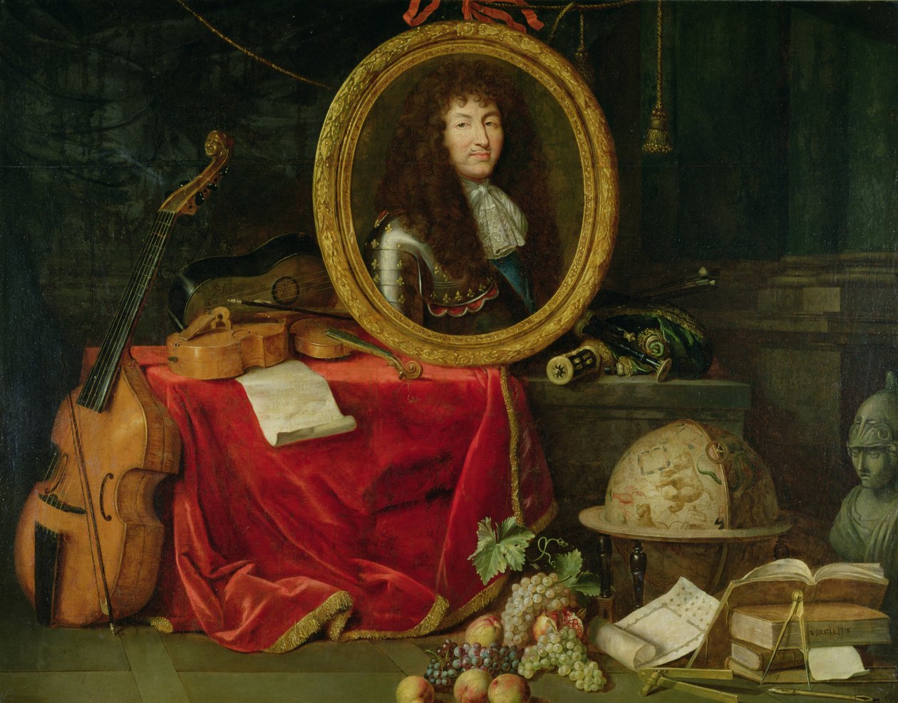 Stilleben med portrett av kong Ludvig XIV (1638-1715) omgitt av musikkinstrumenter, blomster og frukt, 1672 av Jean Garnier