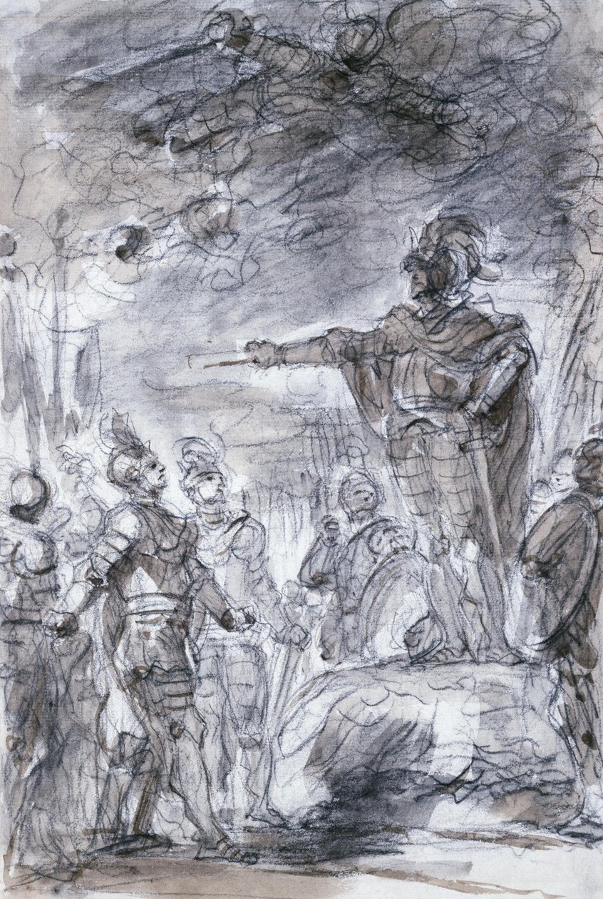 Scene fra Ariostos Orlando Furioso- Rodomonte og Mandricardo sier sin sak før Agramante av Jean Honore Fragonard