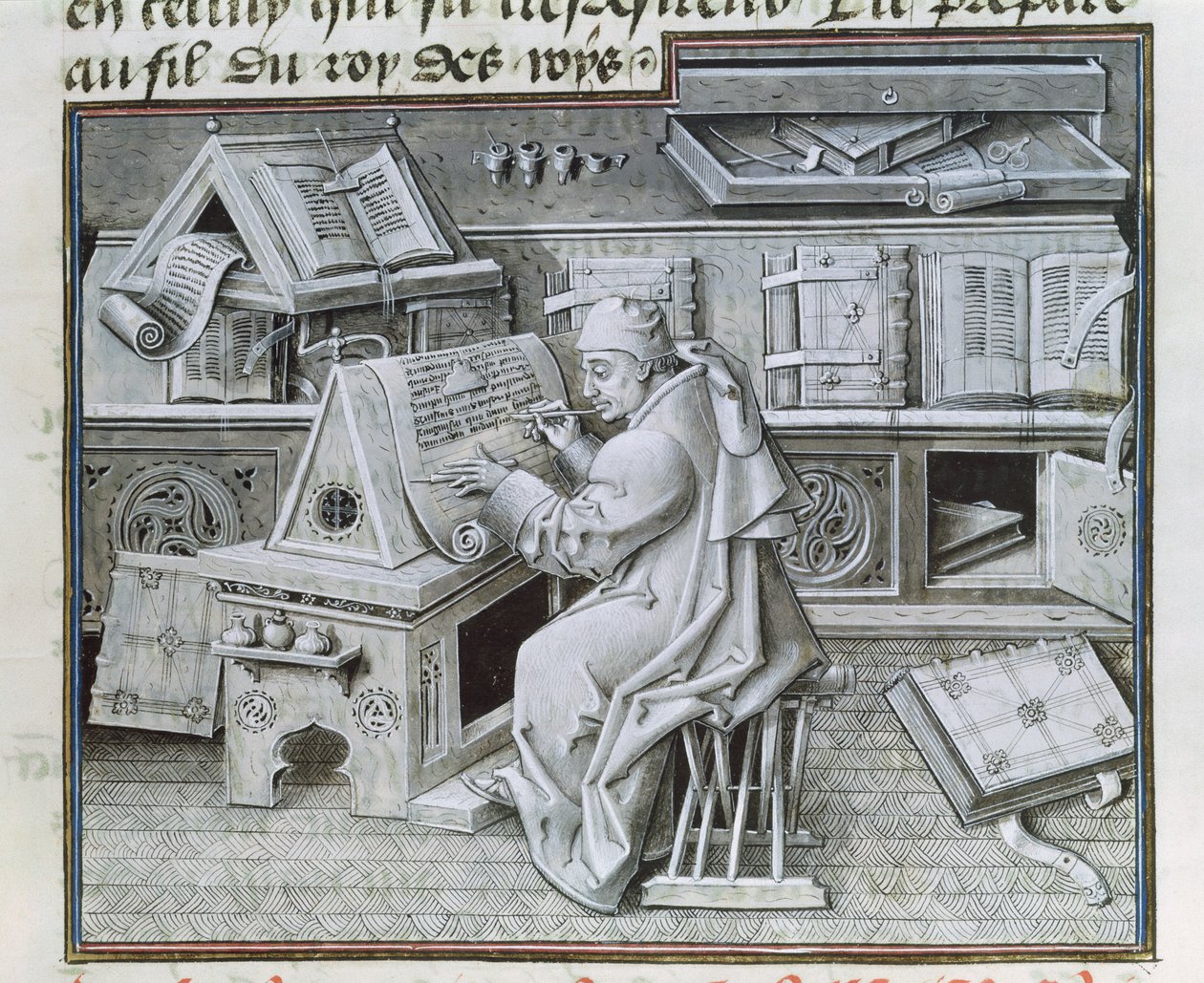 Ms 9198 f.19 Kopisten Jean Mielot (fl.1448-68) arbeider i scriptoriet hans, fra 