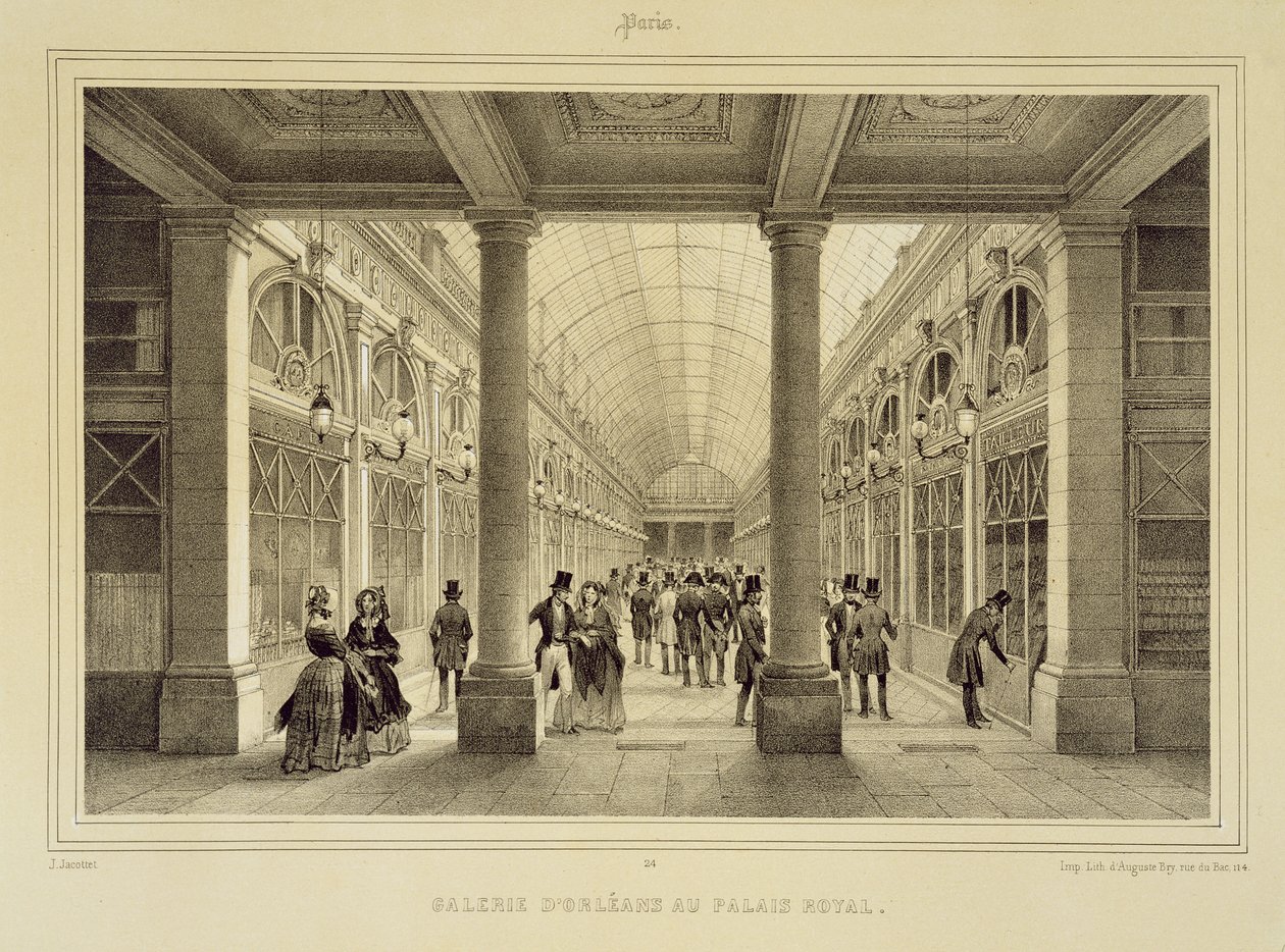 Galerie d'Orleans ved Palais Royal, fra 'Paris et ses Environs', gravert av Auguste Bry, utgitt ca. 1850-60-tallet av Jean Jacottet