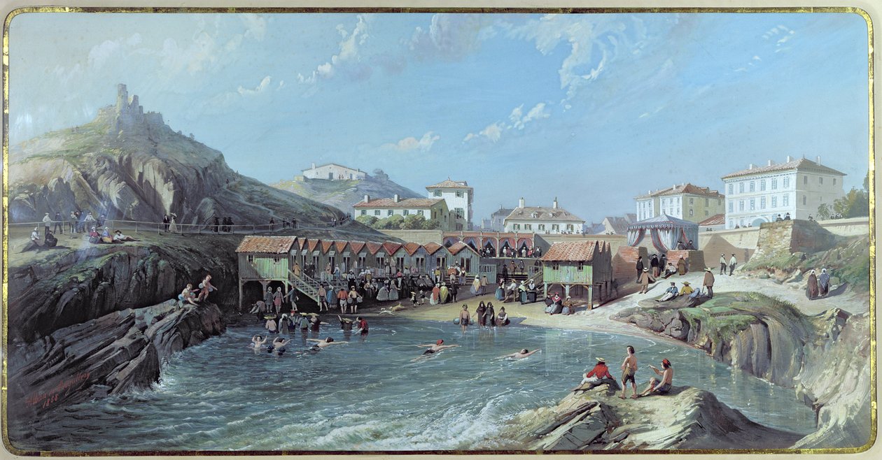 Begynnelsen på havsvømming i den gamle havnen i Biarritz, 1858 av Jean Jacques Alban de Lesgallery