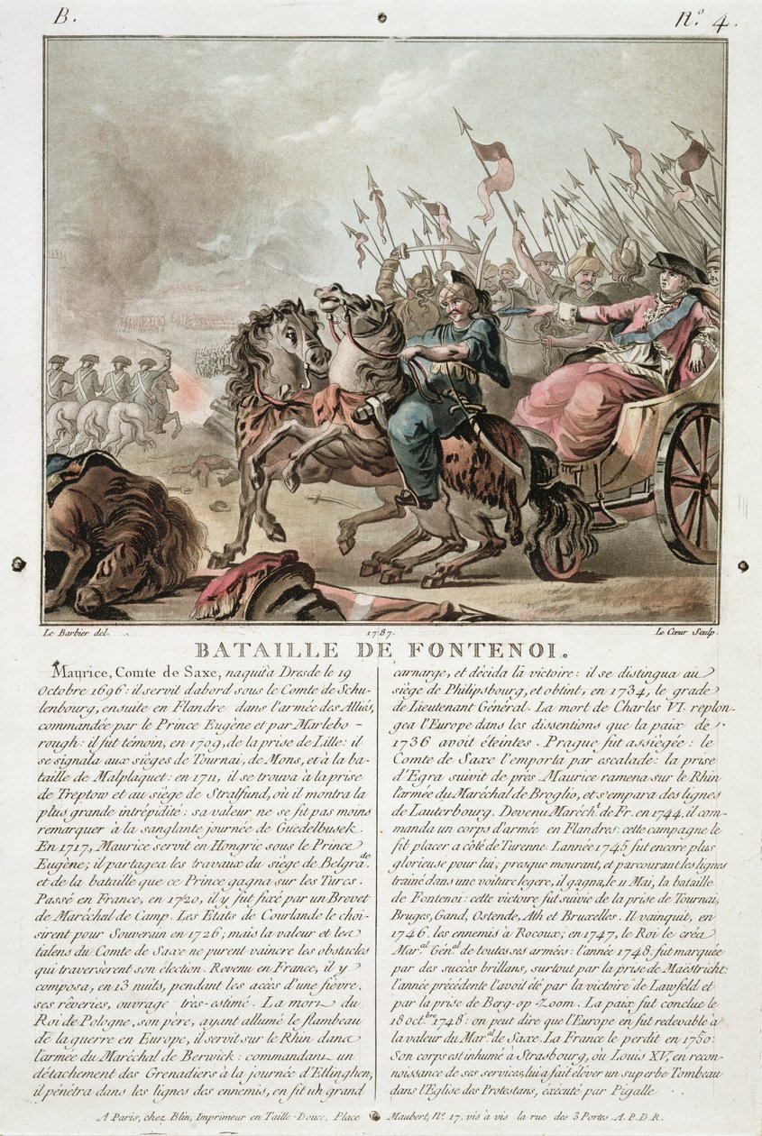 Slaget ved Fontenoy, 1745, gravert av Louis Le Coeur (fl.1780-1800), 1787 av Jean Jacques Francois Le Barbier