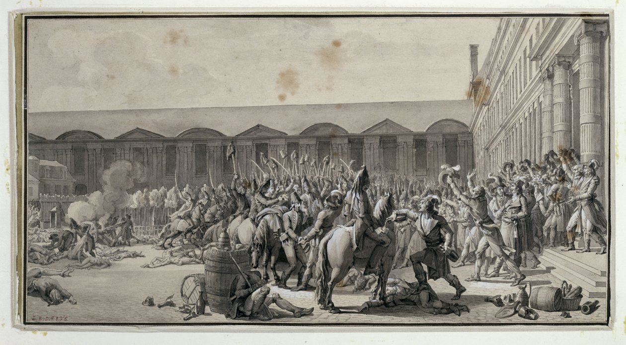 Forsvar av nasjonalkonvensjonen på Place du Carrousel, 12 Vendemiaire An IV (4. oktober 1795) (penn og blekk og wc på papir) av Jean Jacques Francois Le Barbier