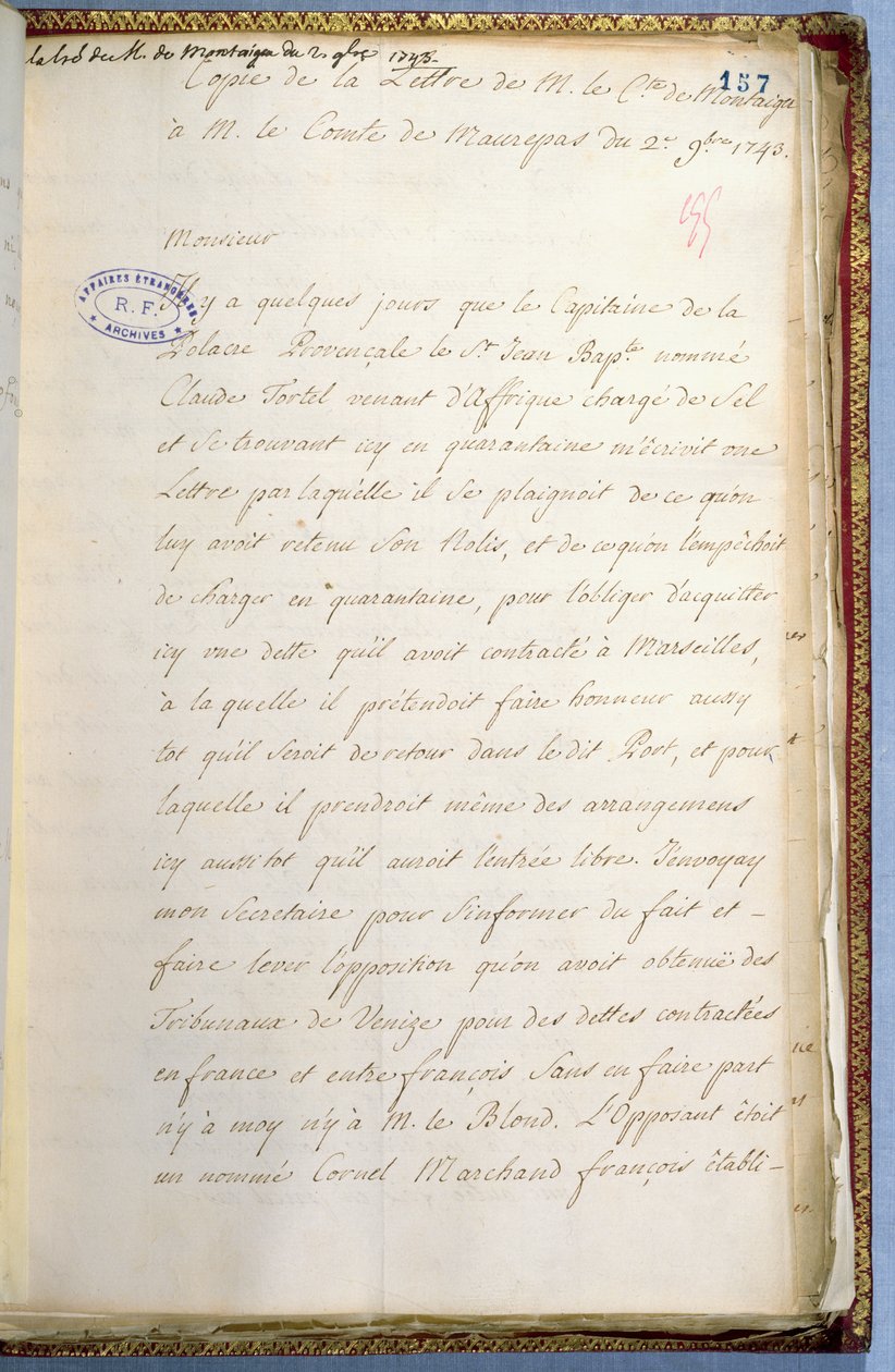 Brev skrevet av Jean-Jacques Rousseau mens han var sekretær for den franske ambassadøren i Venezia, oktober 1743 av Jean Jacques Rousseau