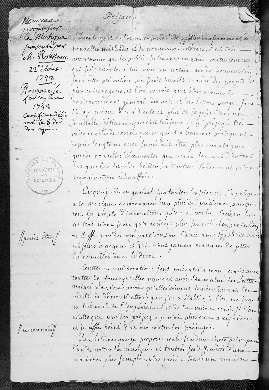 Prosjekt for musikalsk notasjon presentert av Jean-Jacques Rousseau til Academie des Sciences 22. august 1742 av Jean Jacques Rousseau