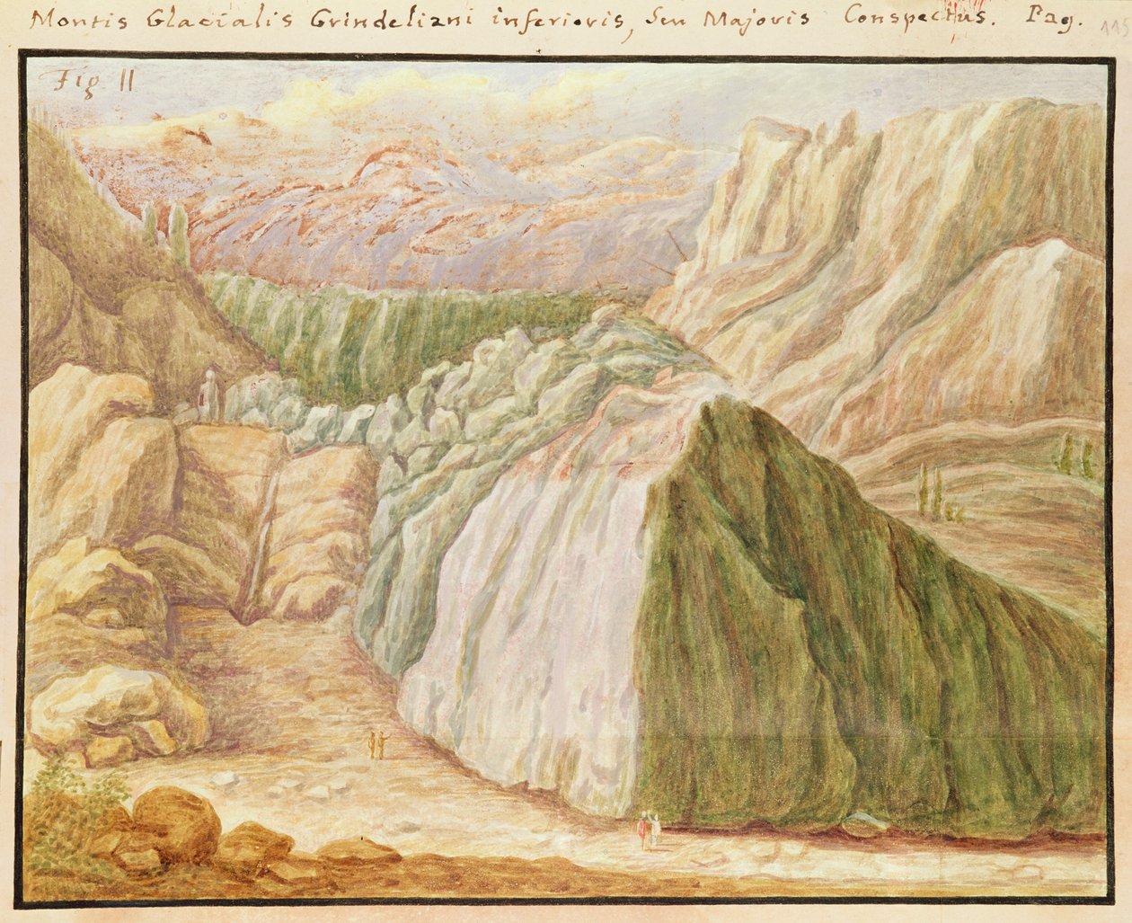 Ms 1798 fol.115 Grindelwaldbreen i Alpene, 1709 av Jean Jacques Scheuchzer