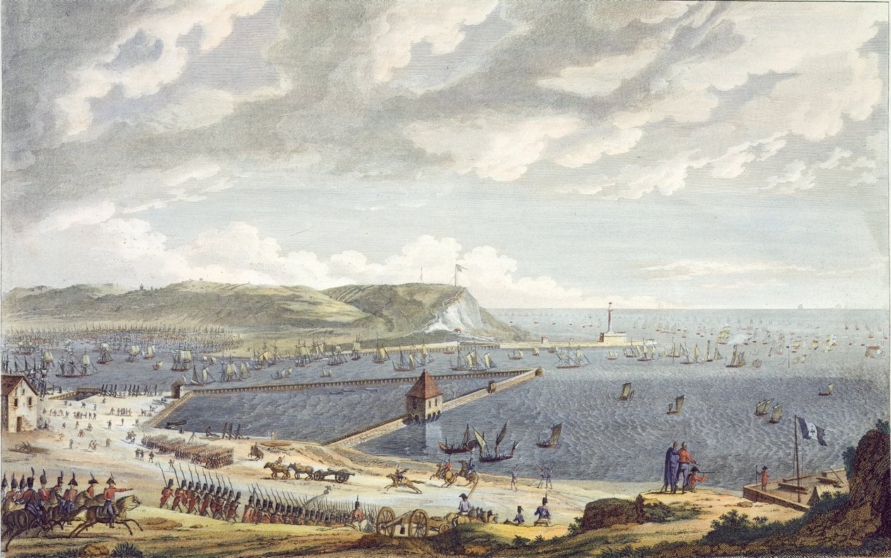 Utsikt over havnen og veigården i Boulogne ved avgangen av flottiljen, 16. august 1803, gravert av Louis Francois Couche (1782-1849) (akvatint) av Jean Jerome Baugean