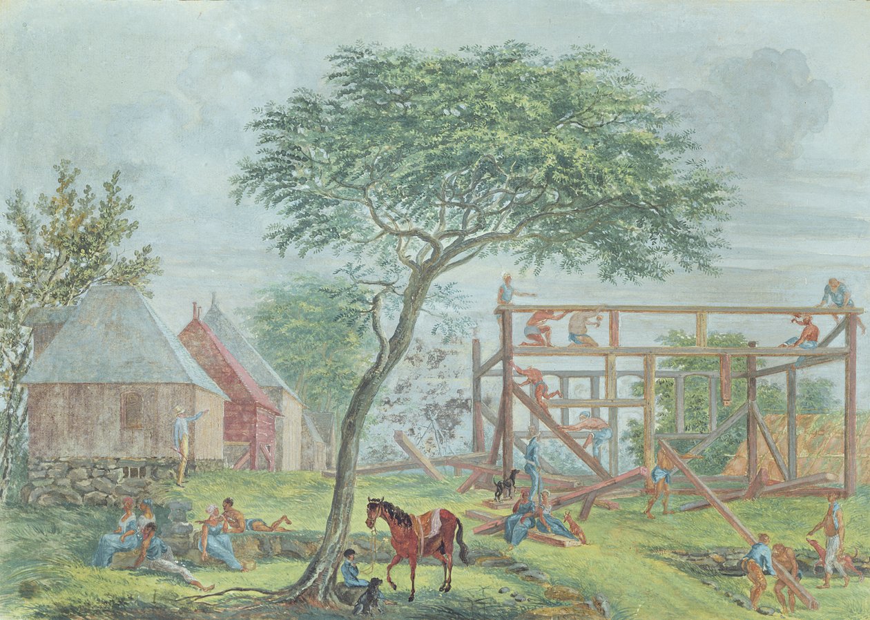 Bygge et hus på Ile de la Reunion, ca. 1810-15 av Jean Joseph Patu de Rosemont