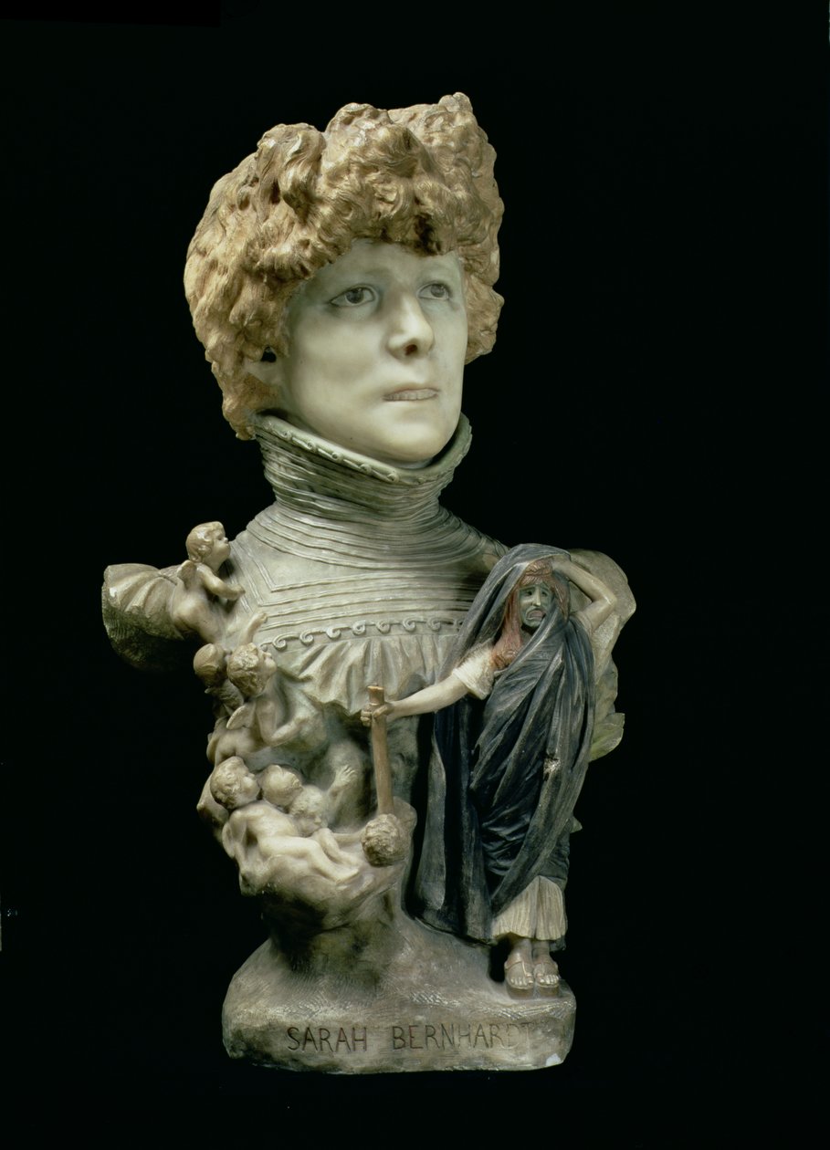 Portrettbyste av Sarah Bernhardt (1844-1923) fransk skuespillerinne, ca. 1890 (tonet marmor) av Jean Leon Gerome