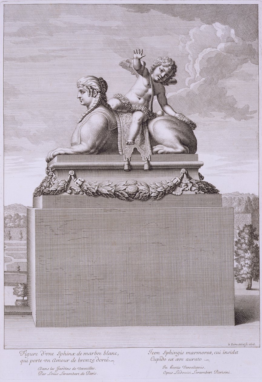 Figur av en sfinks i hvit marmor, som bærer en bronsecupid, i Versailles, 1676, fra 