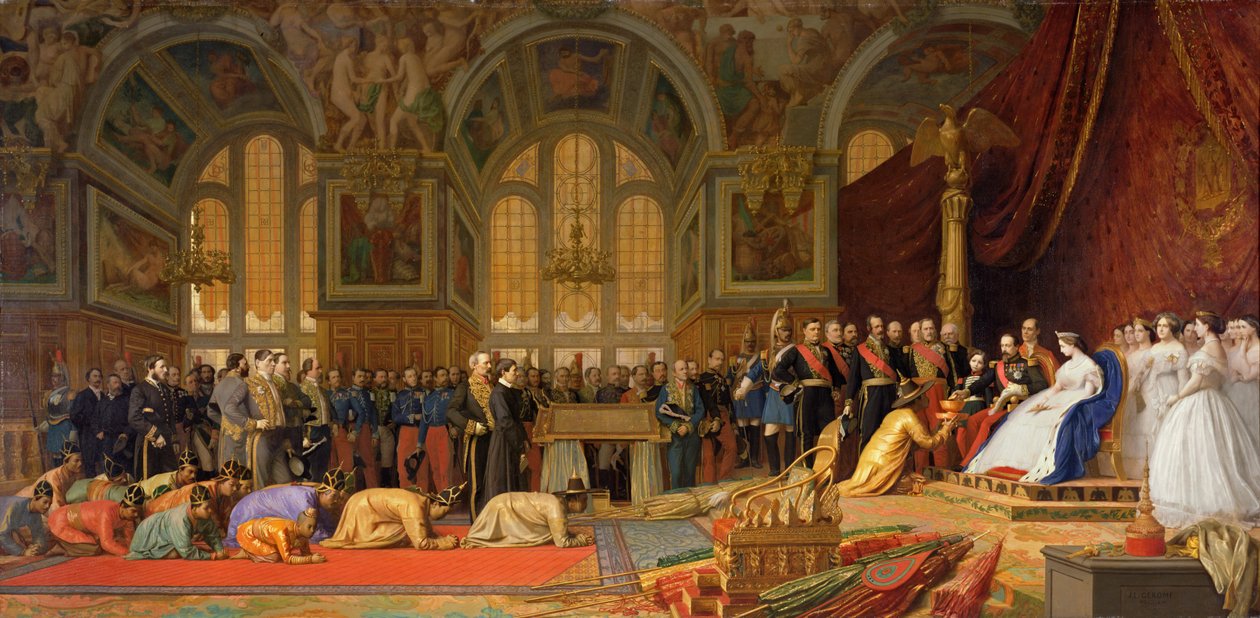 Mottakelsen av siamesiske ambassadører av keiser Napoleon III (1808-73) ved slottet i Fontainebleau, 27. juni 1861 av Jean Leon Gerome