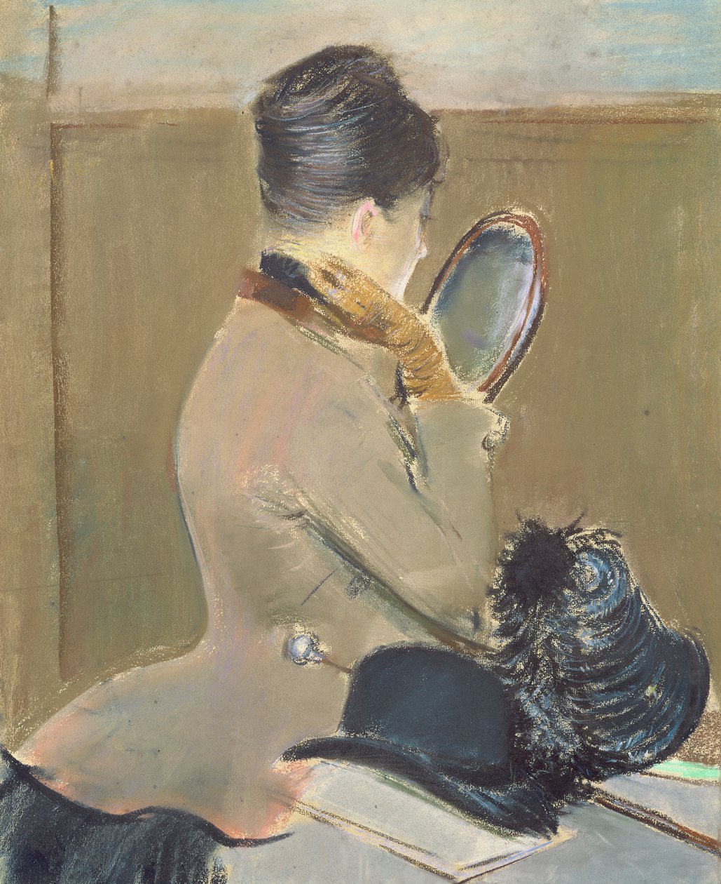 På Milliner, ca. 1885 (pastell på papir lagt ned om bord) av Jean Louis Forain
