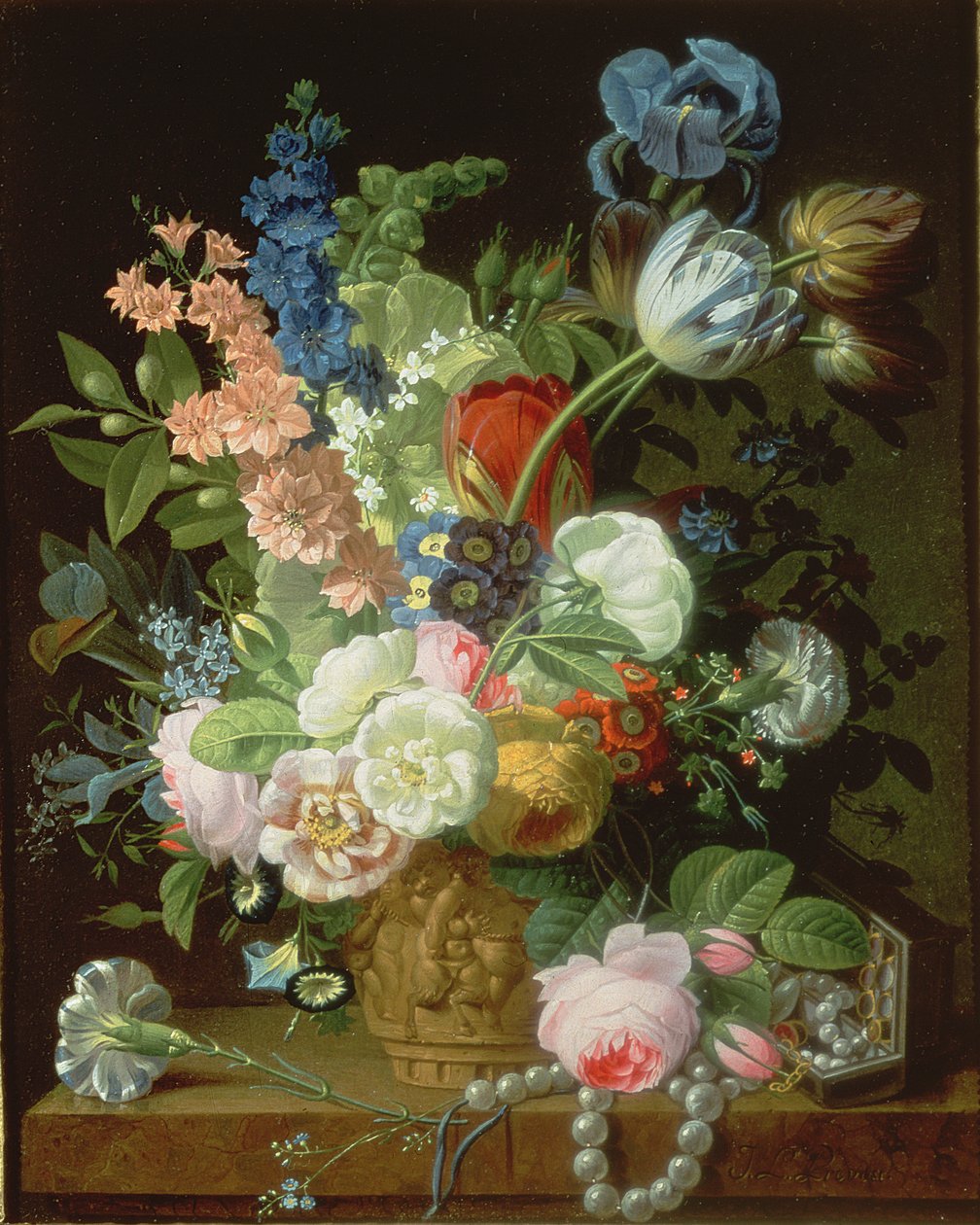 Et stilleben av roser, tulipaner, nelliker, aksjer og andre blomster i en dekorativ urne, hvilende på en steinhylle av Jean Louis Prevost