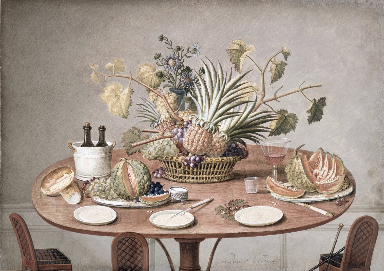 PD.874-1973 Stilleben av et bord med blomster og frukt, ca. 1810 (wc und gouache) av Jean Louis Prevost