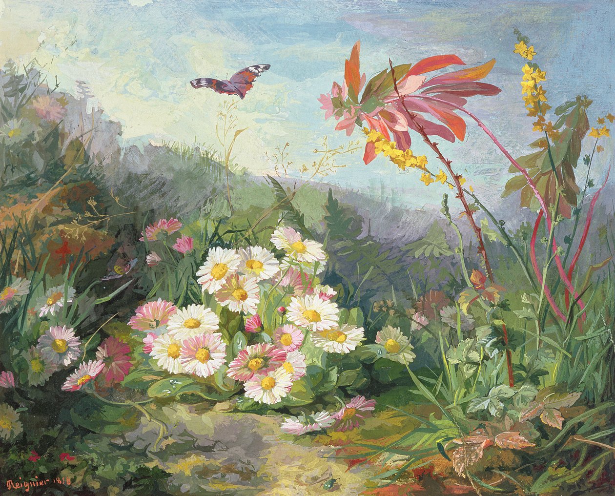 Ville blomster og sommerfugl, 1858 (wc und gouache på papp) av Jean Marie Reignier
