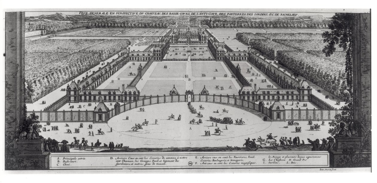 Generelt perspektivutsikt over Chateau og Gardens of Richelieu av Jean Marot