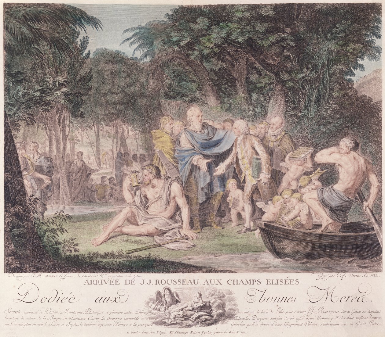 Ankomst av Jean-Jacques Rousseau (1712-78) i Elysian Fields, 1782 (fargegravering) av Jean Michel the Younger Moreau