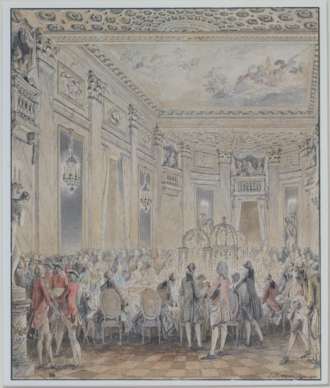 Fest gitt av Madame du Barry (1743-93) for Louis XV den 2. september 1771 ved innvielsen av paviljongen i Louveciennes, 1771 (penn og blekk og wc på papir) av Jean Michel the Younger Moreau