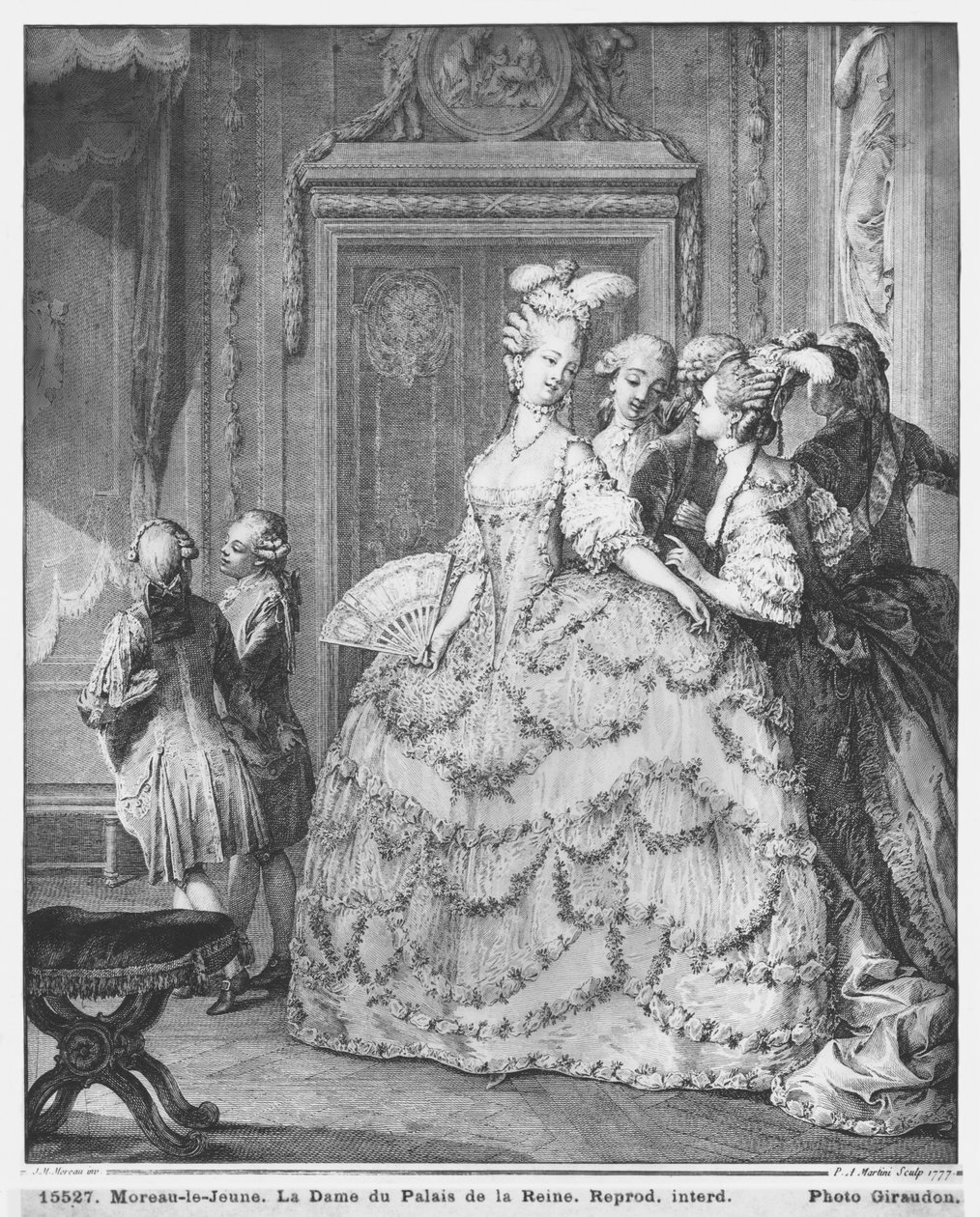 Damen ved Palais de la Reine, gravert av Pietro Antonio Martini (1739-97) 1777 av Jean Michel the Younger Moreau