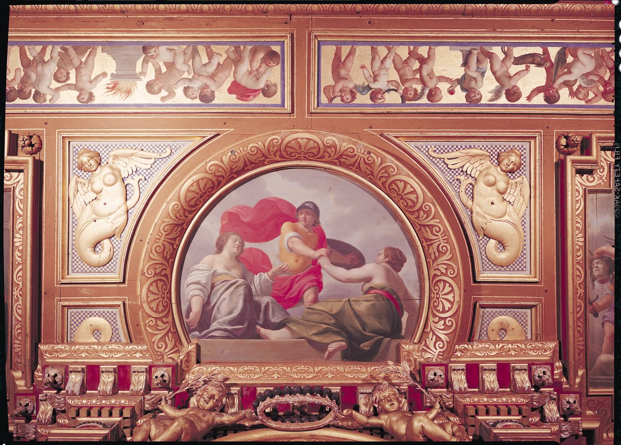 Detalj av taket som viser en scene fra historien om Perseus, i Kings Bedchamber, fresco ca. 1634 av Jean Laurent Mosnier