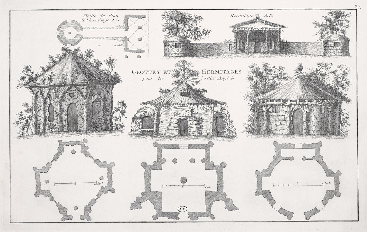 Design for grotter og eremitasjer i engelske hager av Jean Nicolas Le Rouge