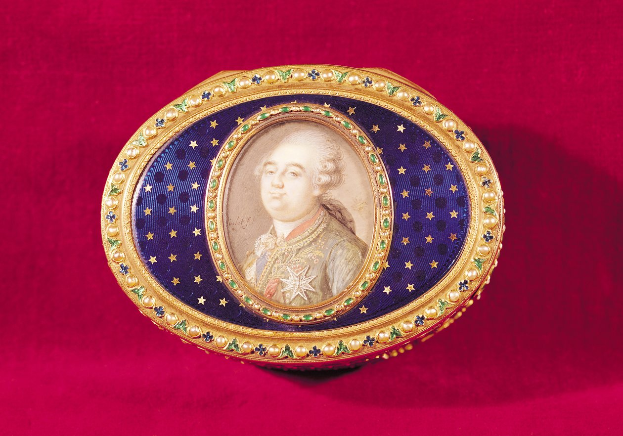 Snusboks med en portrettminiatyr av Louis XVI (1754-93) på elfenben av Pierre Noel Violet (1749-1819) 1780 (gull, emalje, perler og smaragder) av Jean Nicolas Meuniere