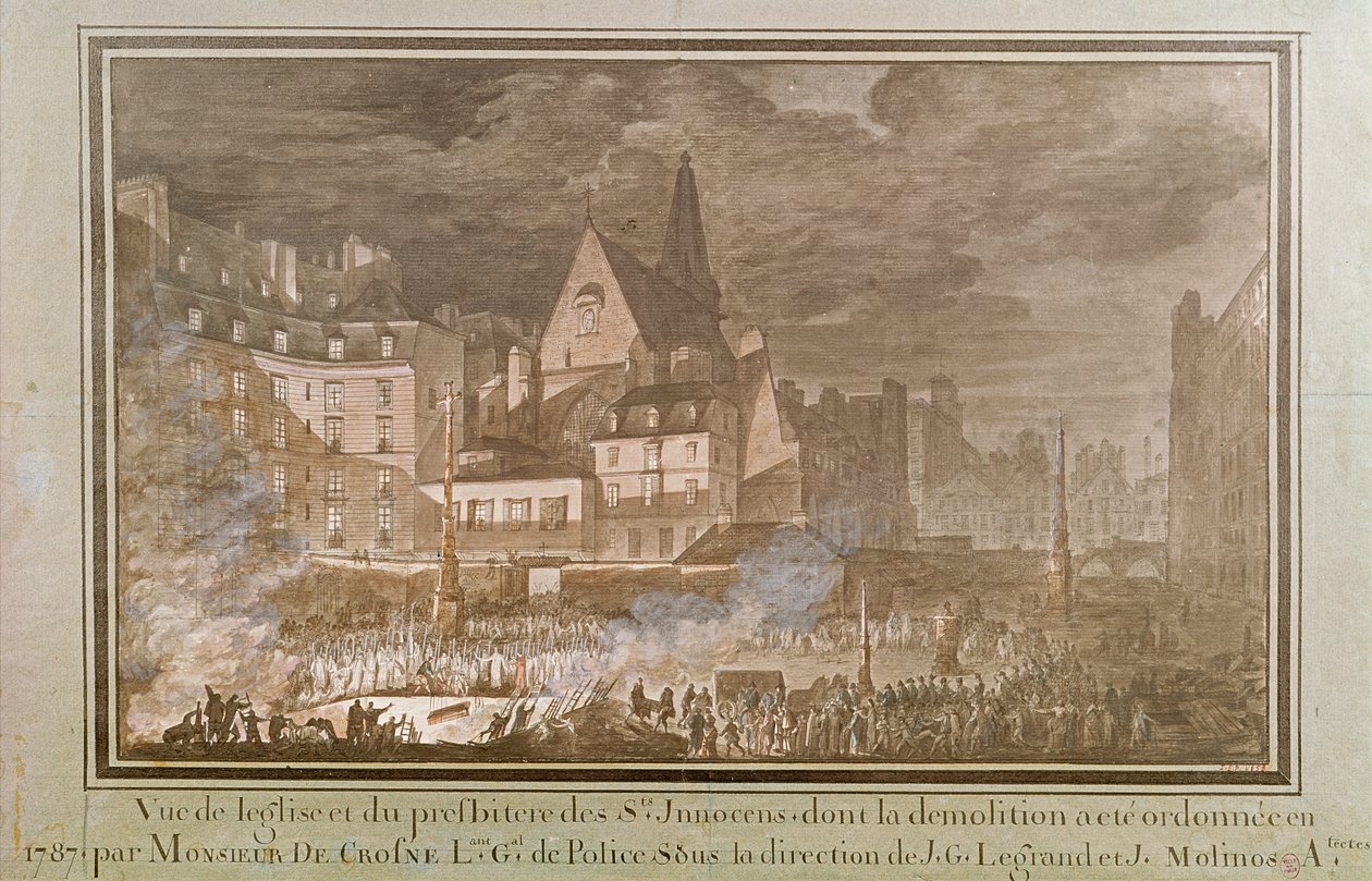 Utsikt over prestegården og Eglise des Saints-Innocents under riving, 1787 av Jean Nicolas Sobre