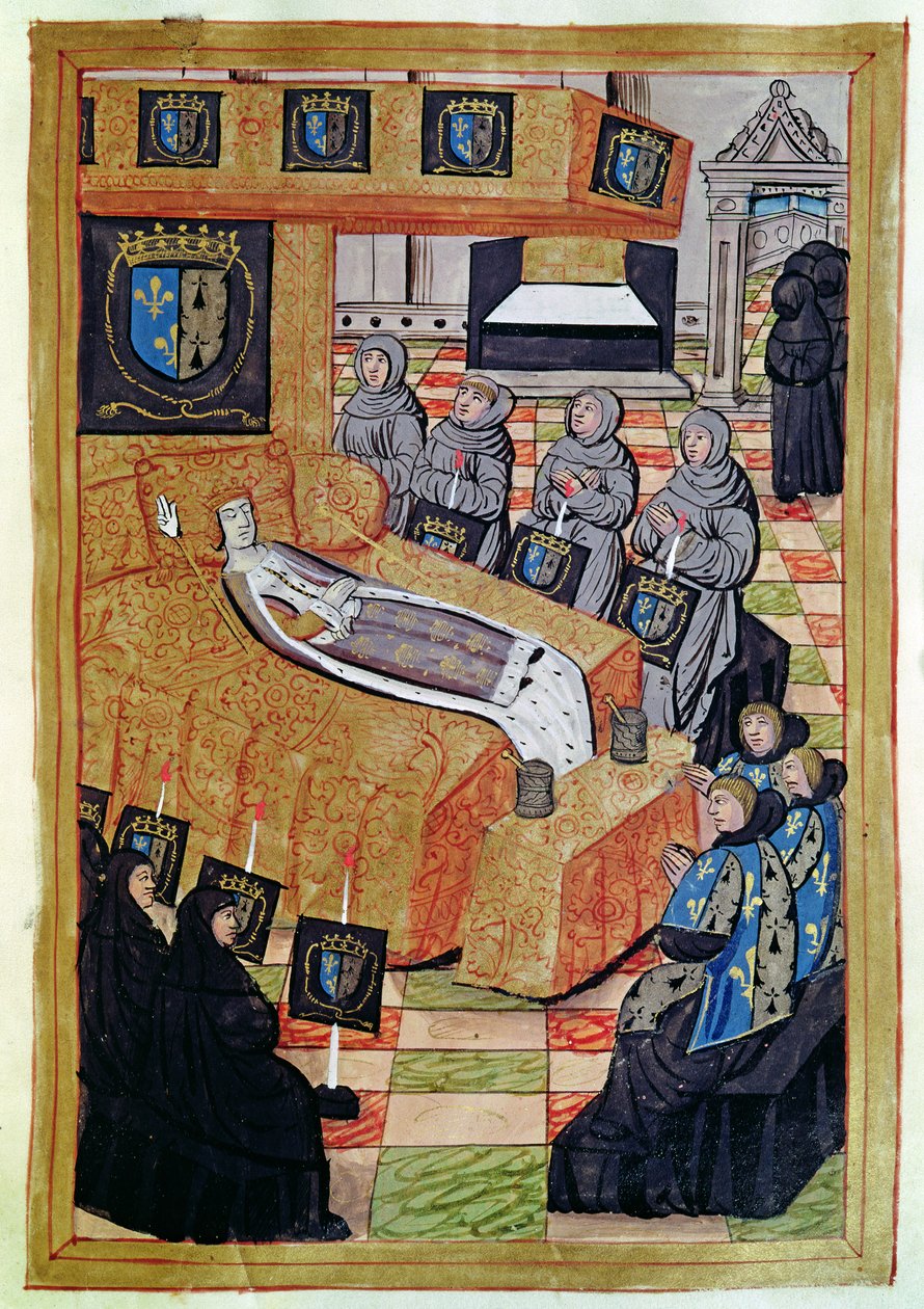 Fol.12r Hertuginnedronningen på dødsleiet, fra beretningen om begravelsen til Anne av Bretagne (1477-1514) 1515 av Jean Perreal