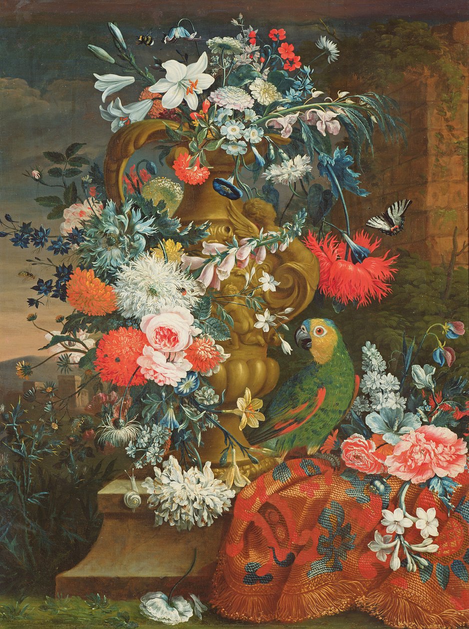 Bukett med blomster og en papegøye av Jean Picart