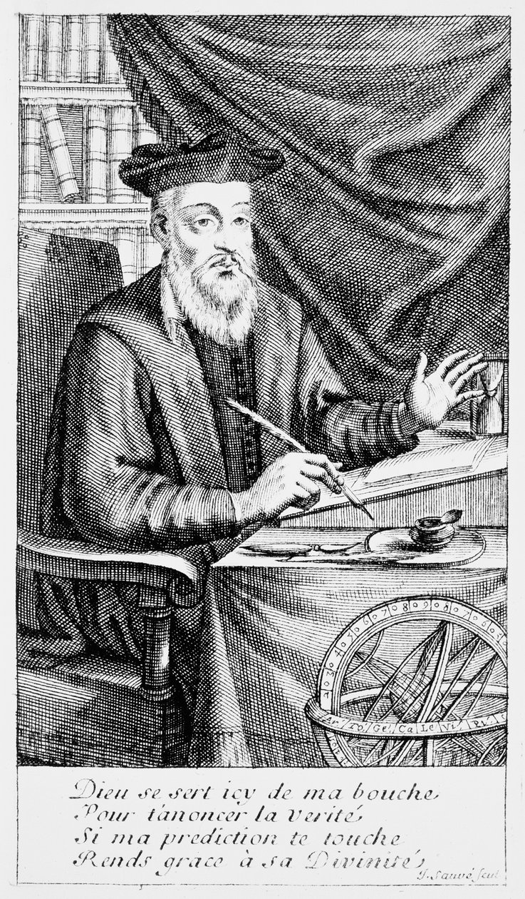 Nostradamus skriver sine profetier (bw gravering) av Jean Sauvé