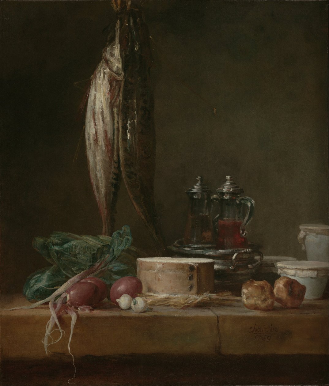 Stilleben med fisk, grønnsaker, gougères, potter og cruets på et bord av Jean Baptiste Simeon Chardin