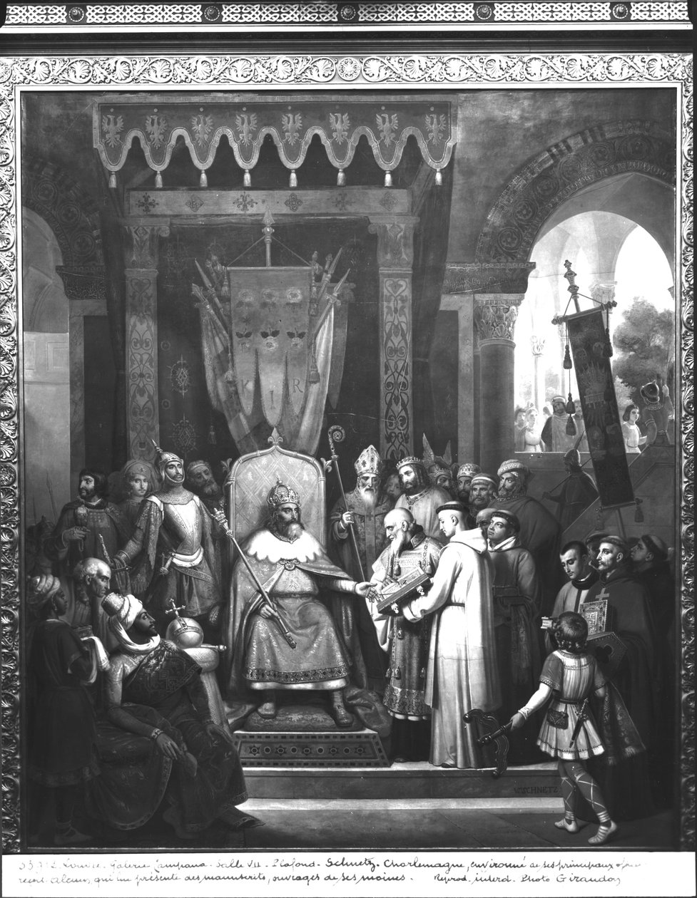 Keiser Karl den Store (747-814) omgitt av sine hovedoffiserer, mottar Alcuin (ca. 735-804) som presenterer noen manuskripter laget av munkene hans av Jean Victor Schnetz