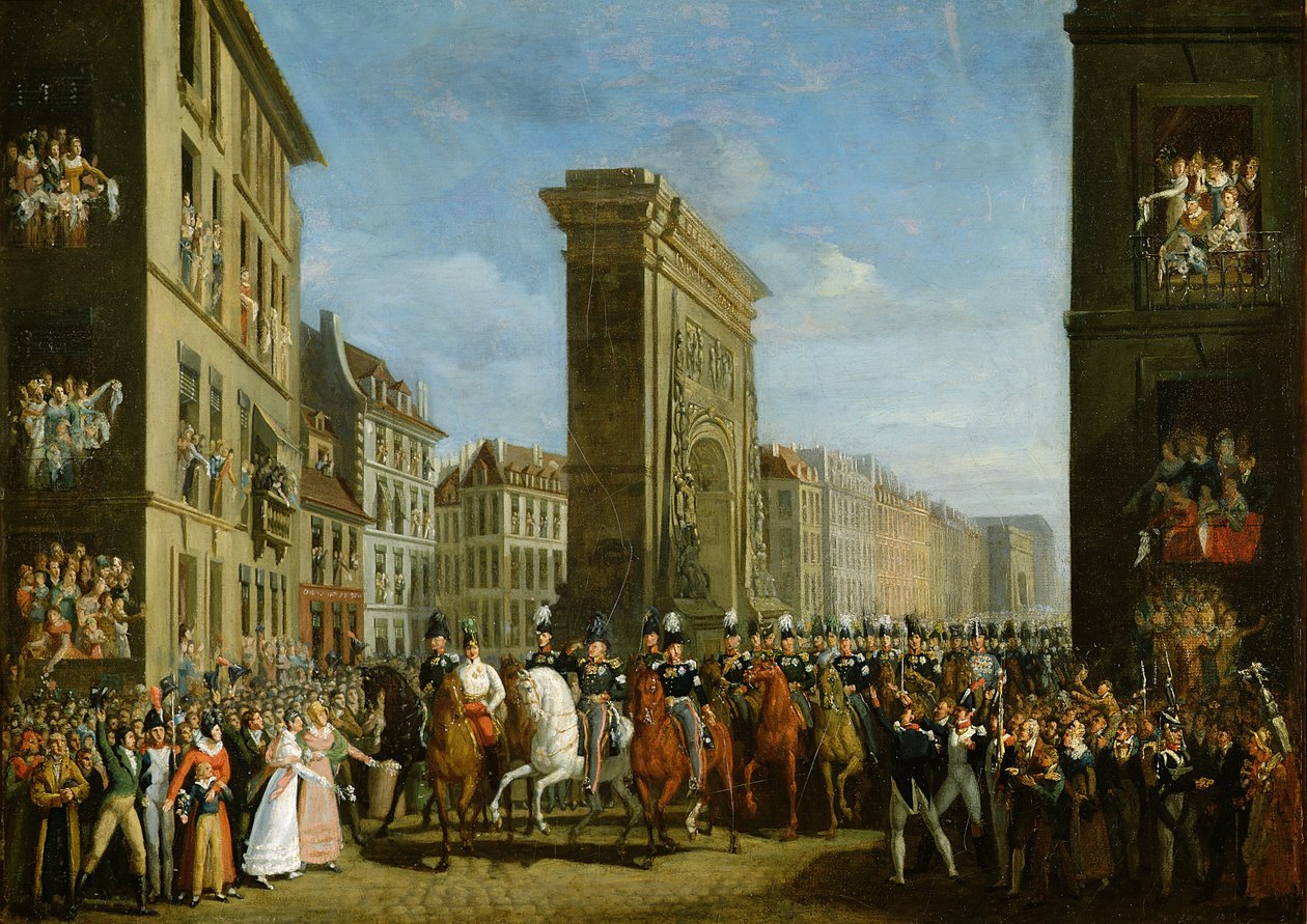 Passasje av allierte suverene foran Porte Saint-Denis, 31. mars 1814 av Jean Zippel