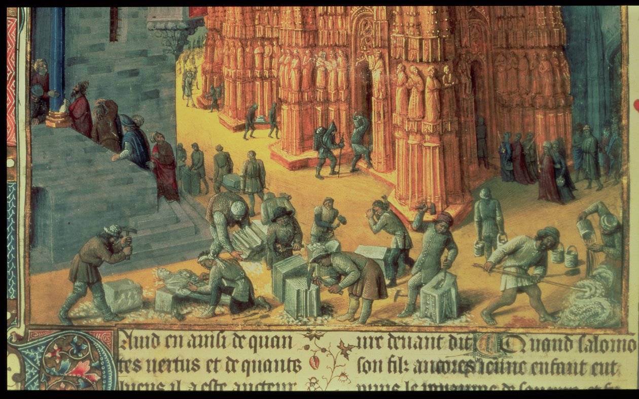 Fr 847 f.153 Bygningen av Jerusalems tempel, detalj som viser murere i arbeid, illustrasjon fra 