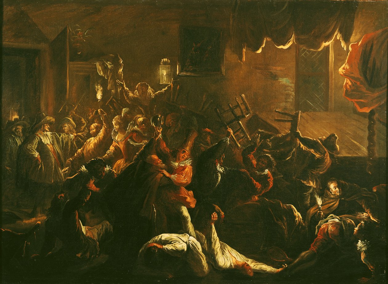 La Tripotiere's Distress at her Broken Furniture, fra 'Roman Comique' av Paul Scarron (1610-60) 1712-16 av Jean de Coulom
