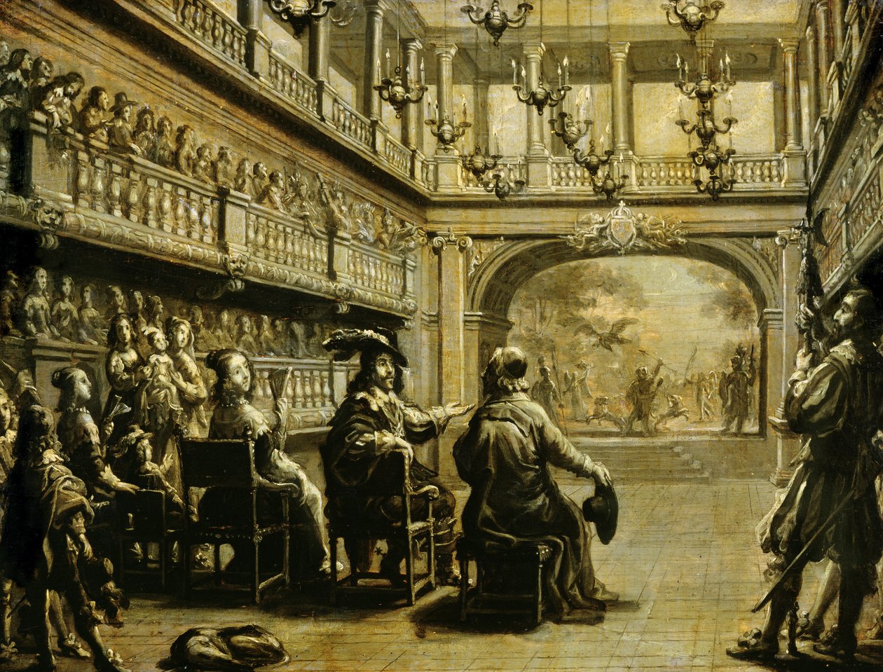 Louis XIII (1601-43) Anne av Østerrike (1601-66) og kardinal Richelieu (1585-1642) ved produksjonen av 