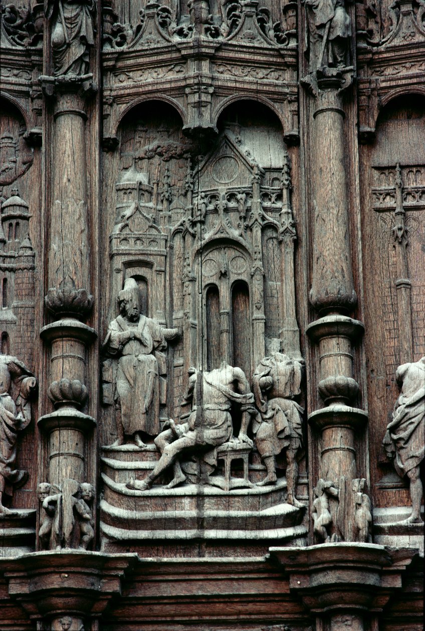 St. Peter helbreder den lamme mannen, detalj fra den sørlige tverrskipsportalen, 1500-tallet (tre) av Jean le Pot