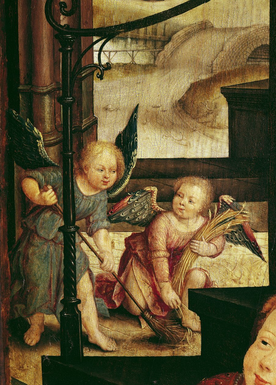 Triptych of the Adoration of the Child, detalj av to engler som feier fra høyre panel, 1529 av Jean the Elder Bellegambe