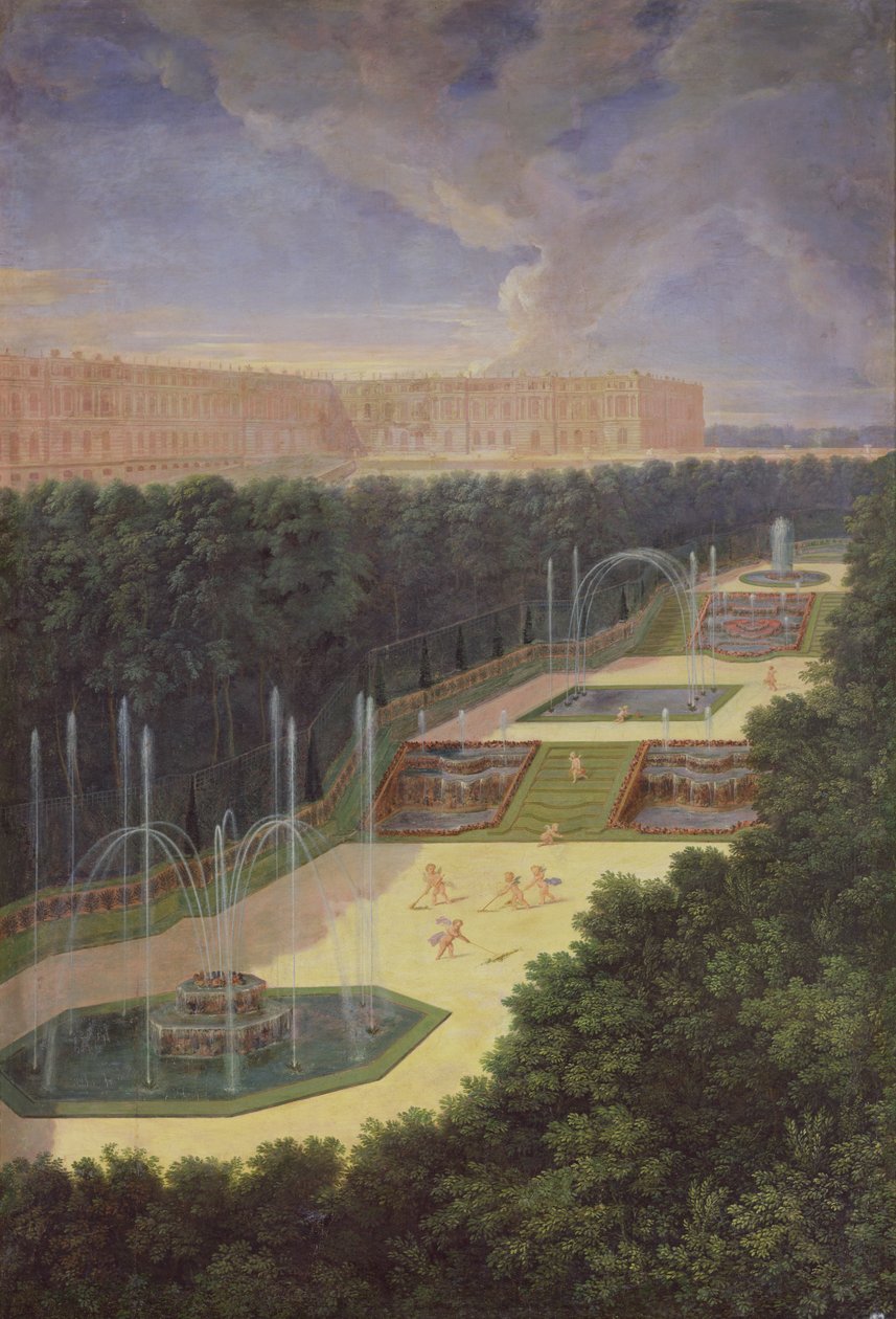 The Groves of Versailles, Perspektivutsikt over de tre fontenene med kjeruber som raker og vanner, 1688 av Jean the Younger Cotelle