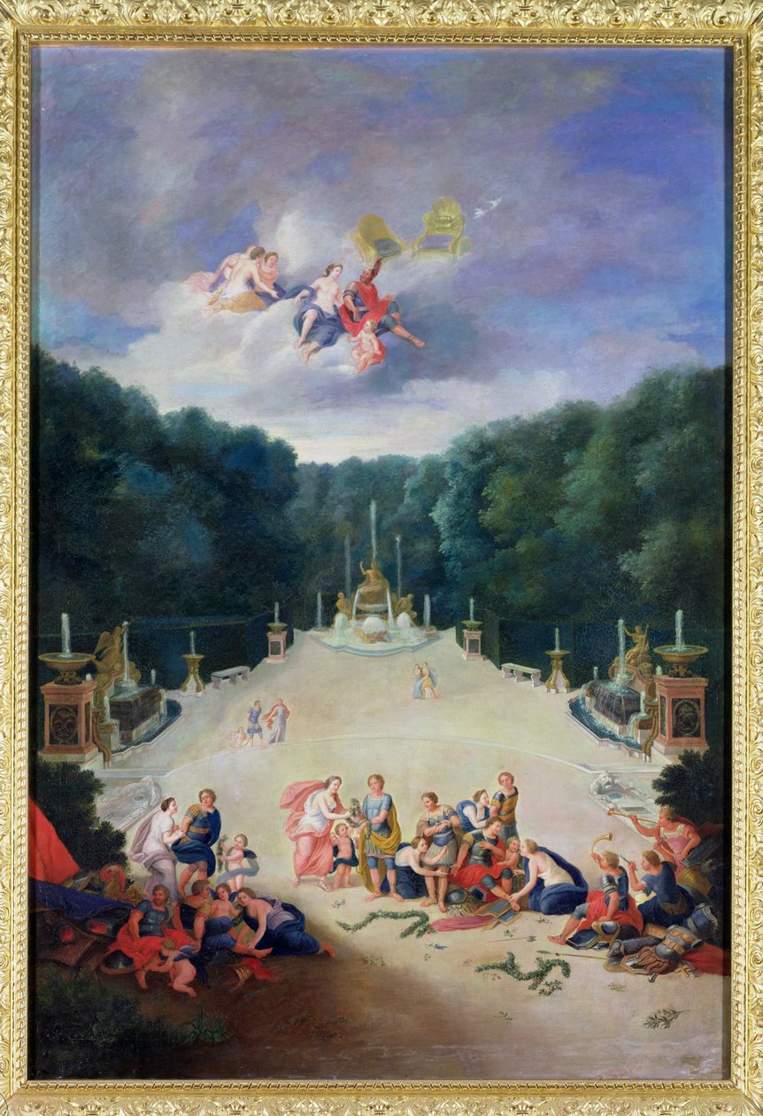 Groves of Versailles. Utsikt over Triumfbuen og Frankrike triumferende med nymfer som lenker fanger før Venus og Mars, 1688 av Jean the Younger Cotelle