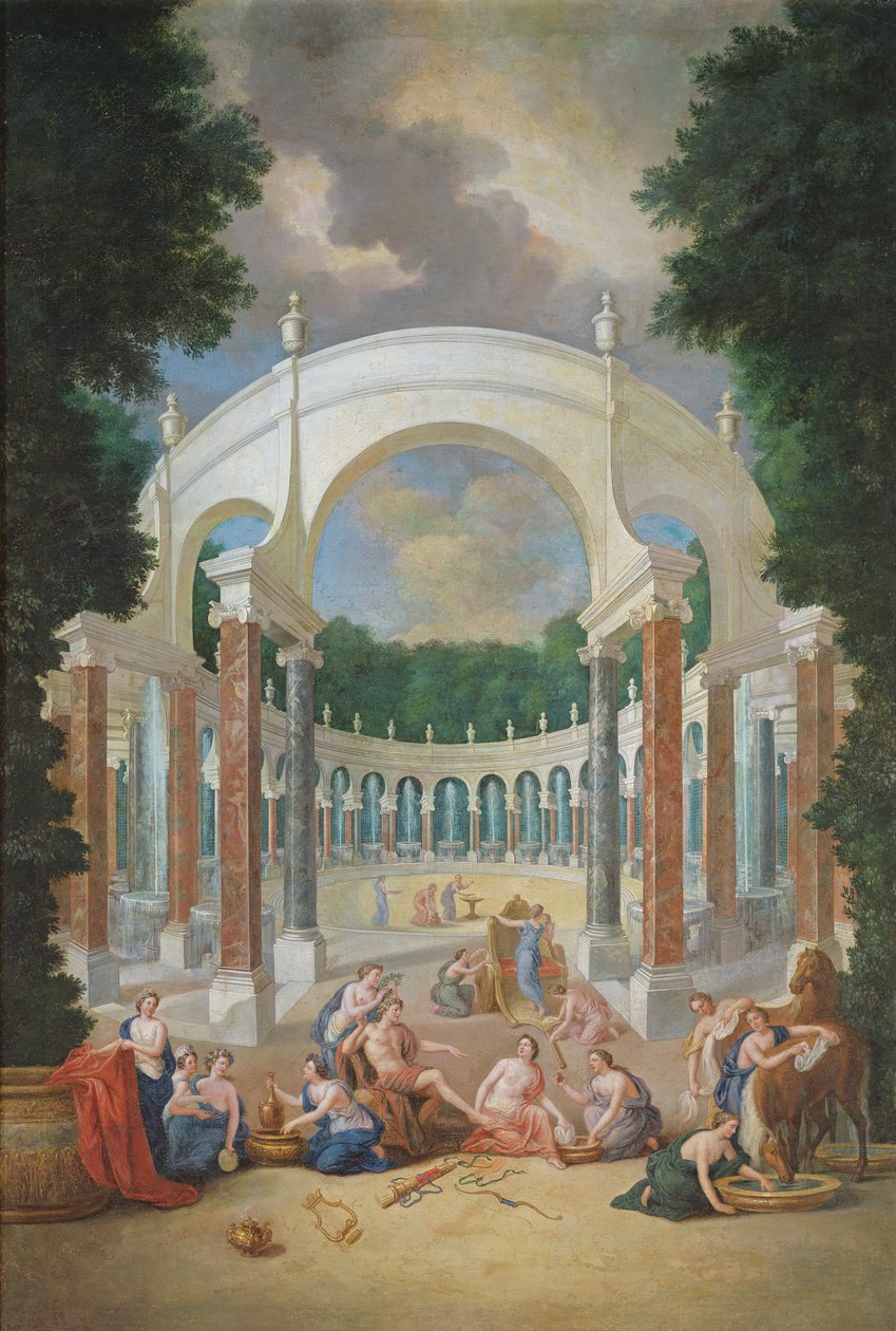 Groves of Versailles. Utsikt over søylegangen med Apollo og nymfene av Jean the Younger Cotelle