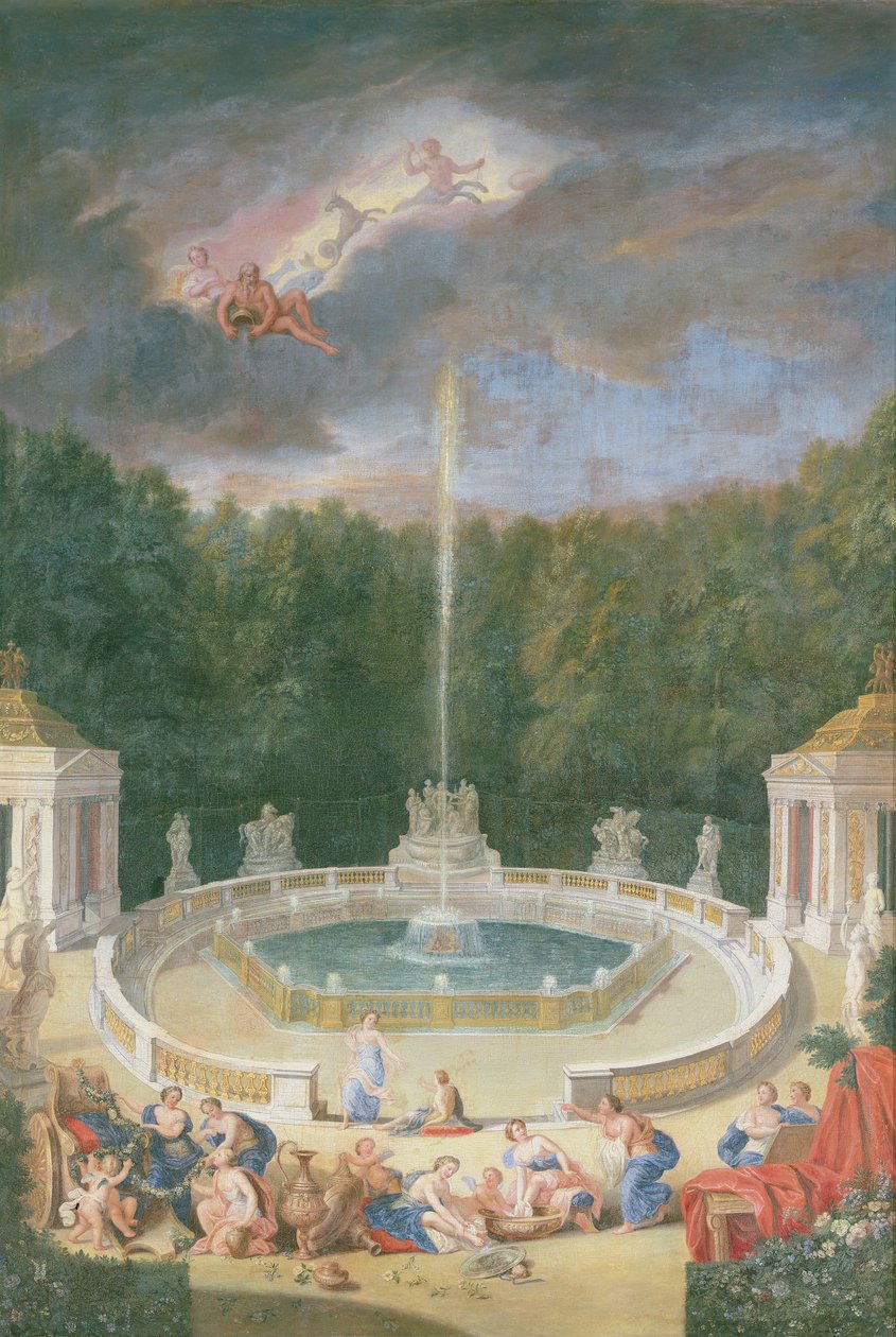 Groves of Versailles. Utsikt over Grove of Domes med nymfer som dekorerer vognen til Apollo med blomster av Jean the Younger Cotelle