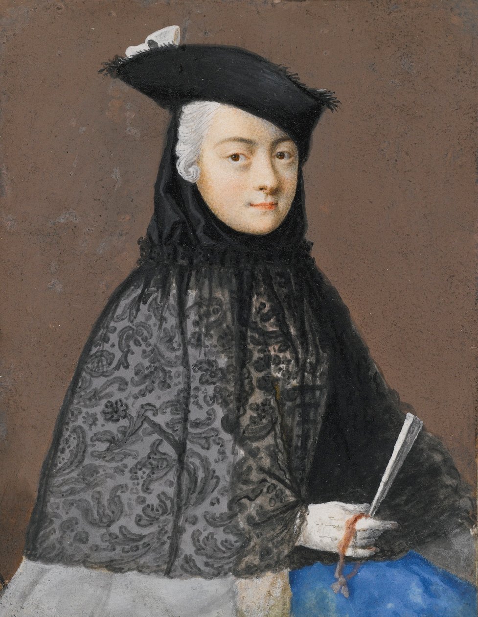 Portrett av en sittende dame i et venetiansk karnevalskostyme som holder en vifte av Jean Étienne Liotard