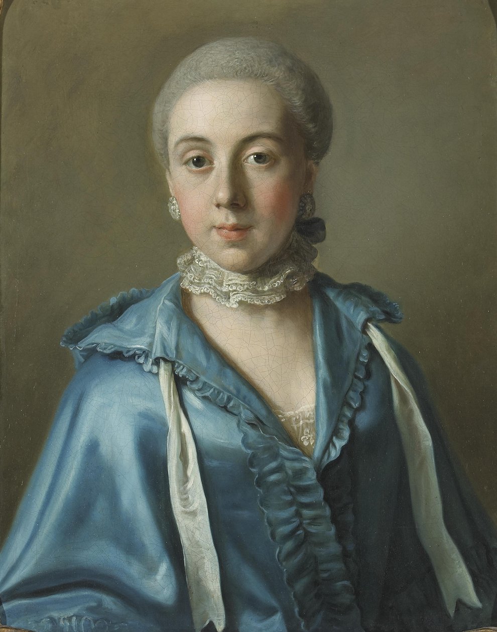 Et portrett av en dame med blå kjole og blonderkrage av Jean Étienne Liotard