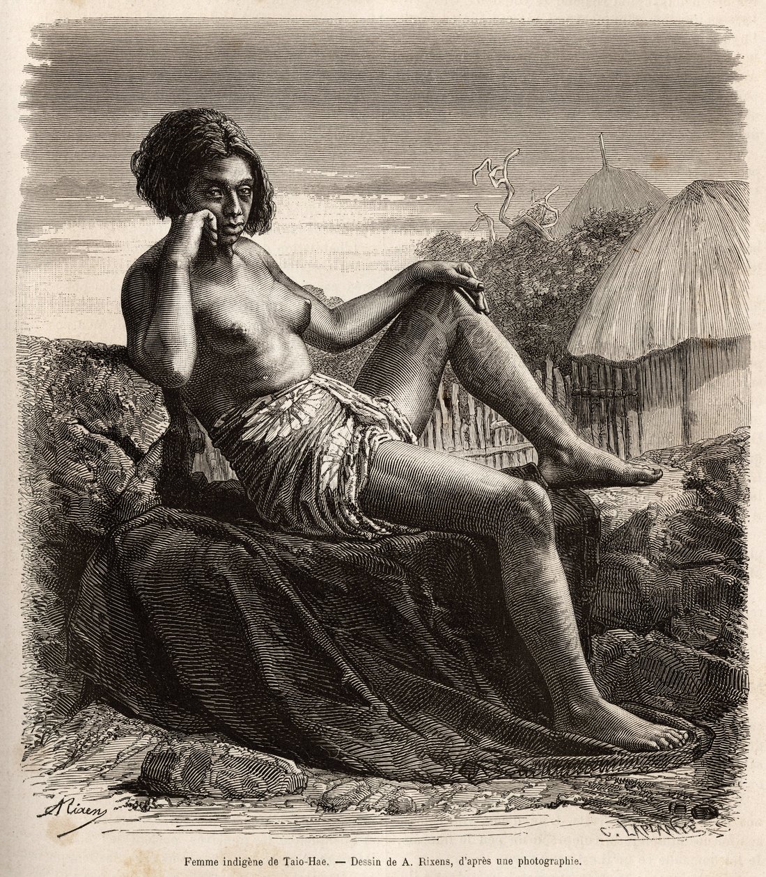 Innfødt kvinne fra Taio-Hae (eller Taio Hae), i skjærgården til markisene, viser nonchalant sine tatoverte ben, gravering etter en tegning av A.Rixens som illustrerer minnene fra Stillehavet, i 1872-1874, av A.Pailhes, et skipsskilt, publisert i «Le t av Jean Andre Rixens