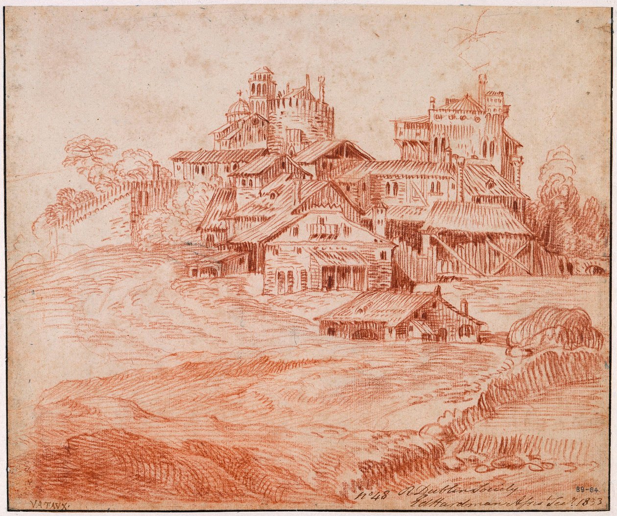 Befestigtes Dorf mit Burg, Bergfried und Kirche av Jean-Antoine Watteau