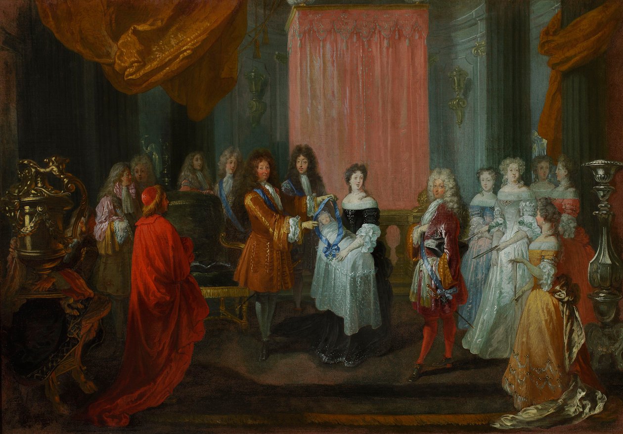 Ludvig XIV dekorerer hertugen av Burgund, far til den fremtidige Ludvig XV, med Cordon bleu-ordenen. av Jean-Antoine Watteau