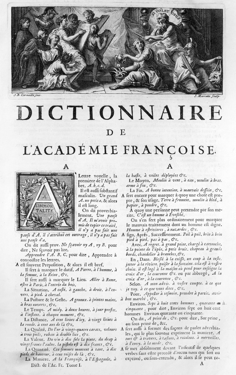 Frontispice for det franske akademiets ordbok, gravert av Jean Mariette (1660-1742) av Jean Baptiste Corneille