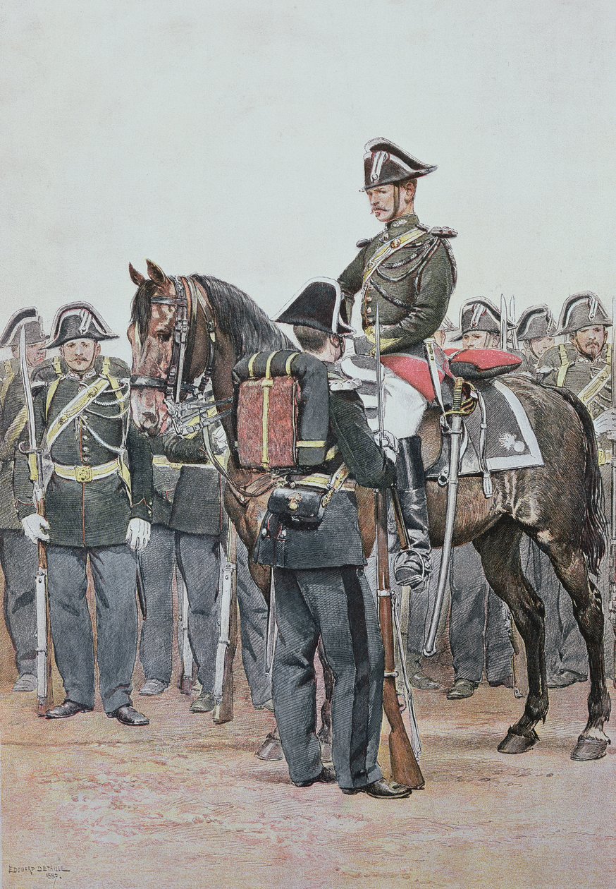 Gendarmeri i hel uniform, 1887 (fargegravering) av Jean Baptiste Edouard Detaille
